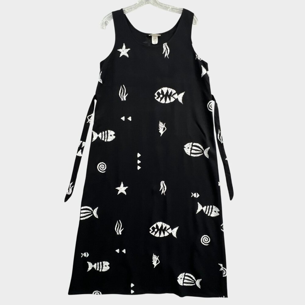 Vintage Connie Choi Maxi Dress Womens Large Black Sleeveless Fish Beach Resort